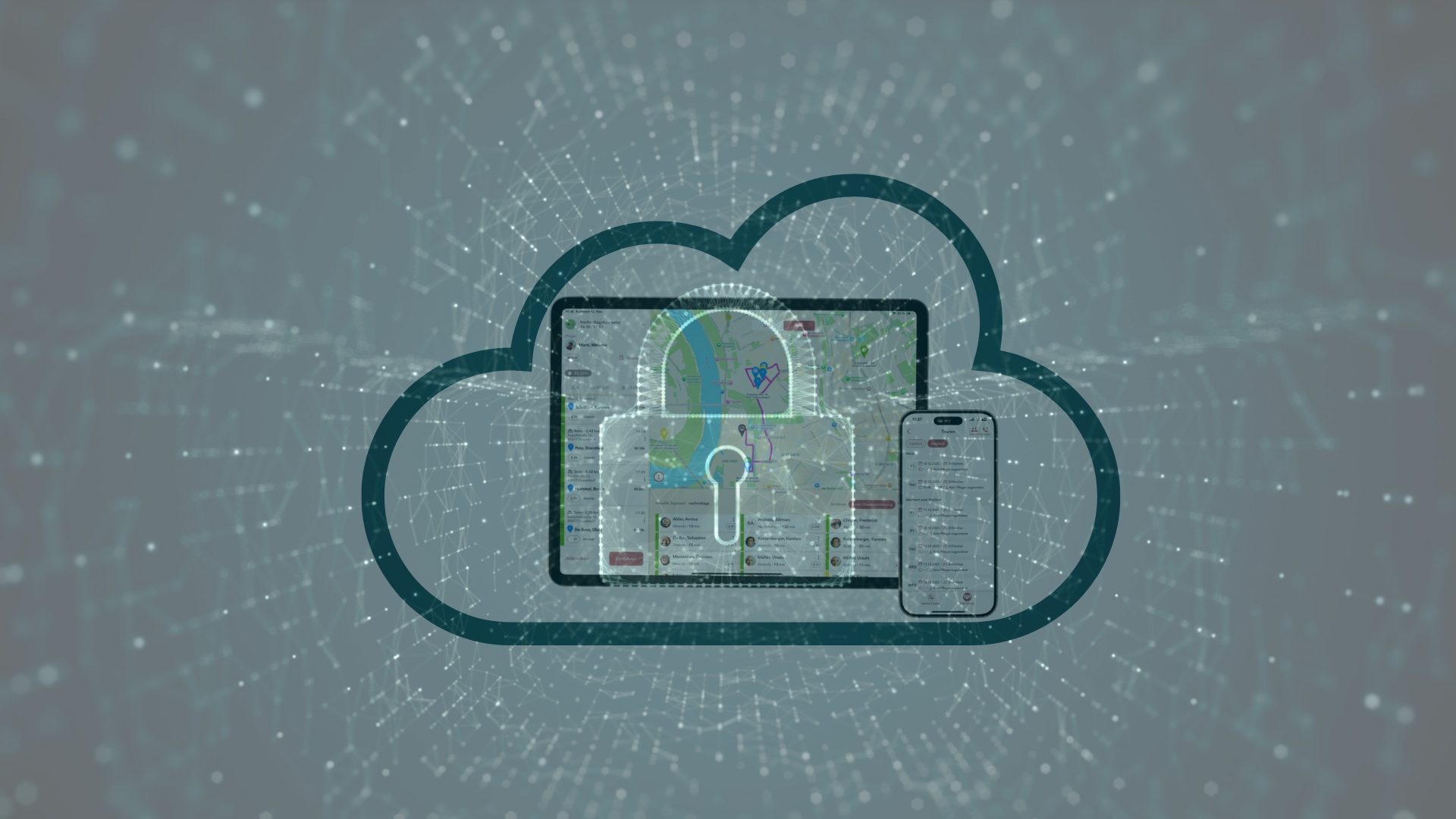 Illustration einer Cloud-Infrastruktur für Pflegedienste. Eine große Umriss-Wolke, die Sicherheit und Vernetzung symbolisiert, enthält ein Tablet und ein Smartphone. Auf den Bildschirmen sind eine Karte mit Standortmarkierungen (wahrscheinlich Pflegerouten oder Patientenstandorte) sowie Listen von Personen zu sehen. Ein großes, transparentes Vorhängeschloss mit einem Schlüsselloch liegt über den Geräten, um die Datensicherheit und den Schutz der vertraulichen Informationen (Patientendaten, Routenplanung) in der Cloud hervorzuheben. Der Hintergrund zeigt ein dichtes, abstraktes Netzwerk aus Punkten und Linien.